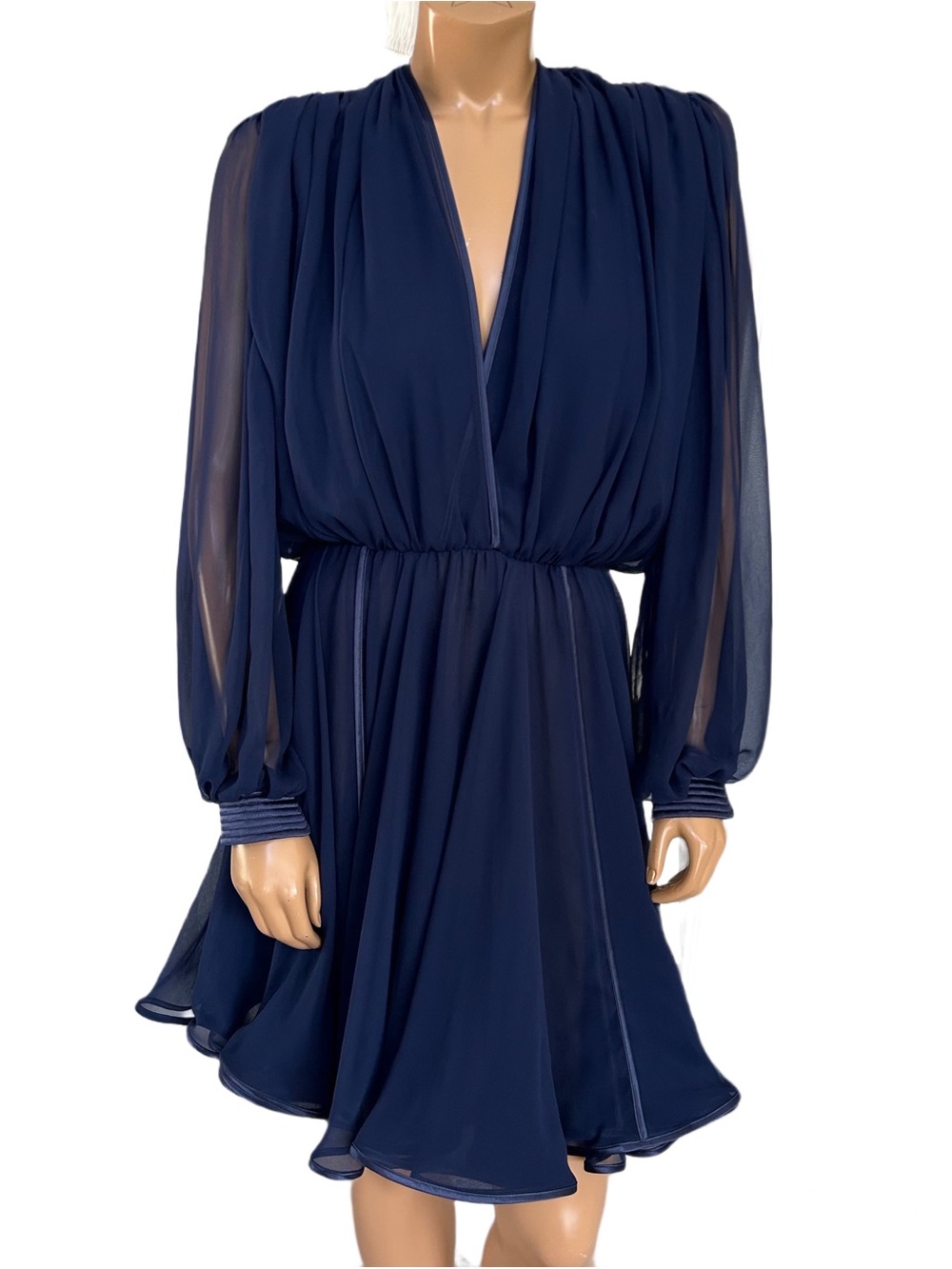 Vintage Wayne Clark Navy Long-Sleeve V-Neck Chiffon Like Dress